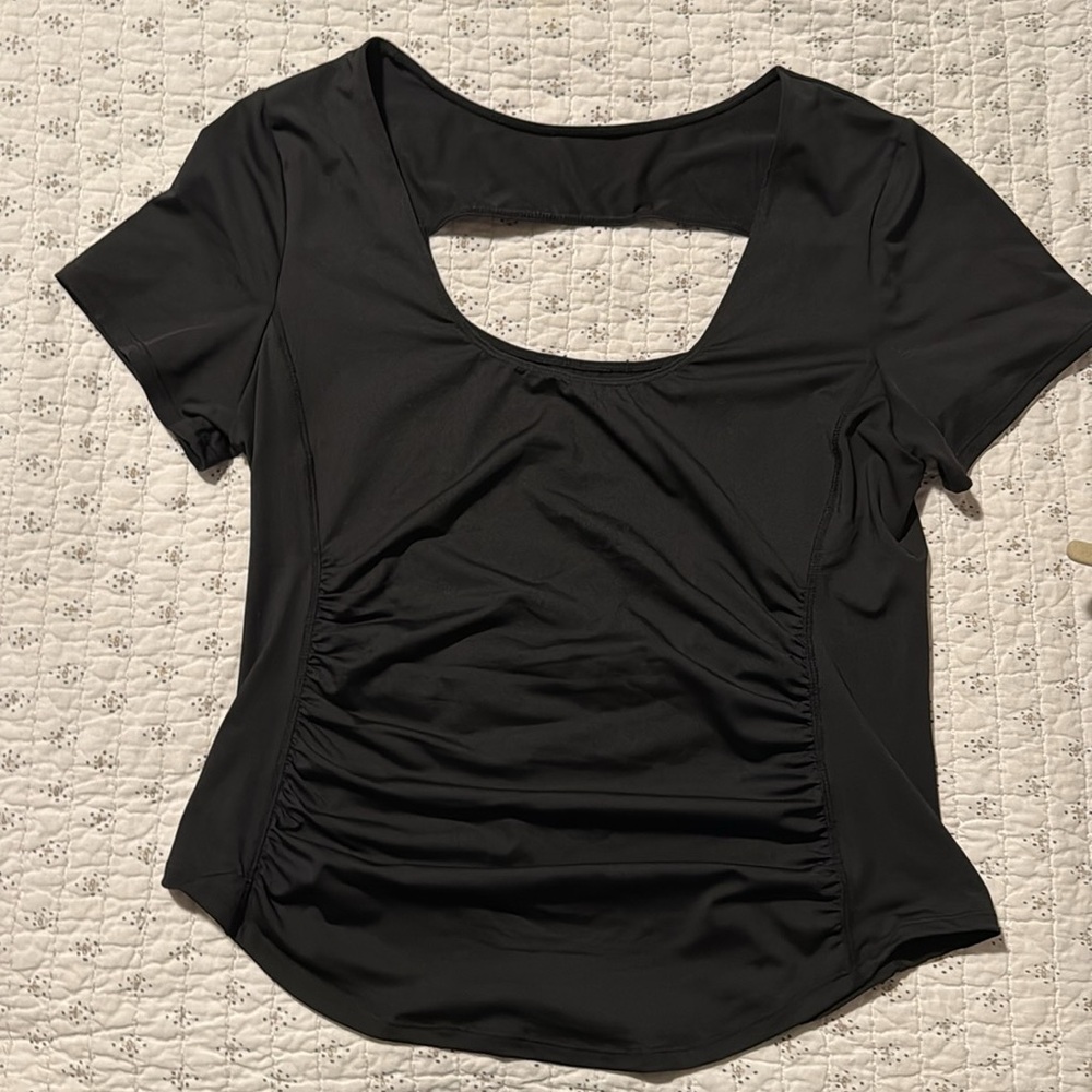 Halara U Neck Short Sleeve Backless Cut Out Ruched Curved Hem Yoga Sports Top - Picture 7 of 7